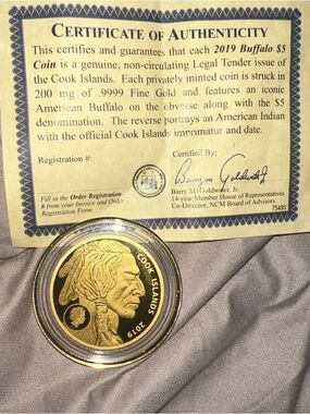 2019 Cook Islands Indian Buffalo $5 .9999 Fine Gold Coin W/ Capsule COA